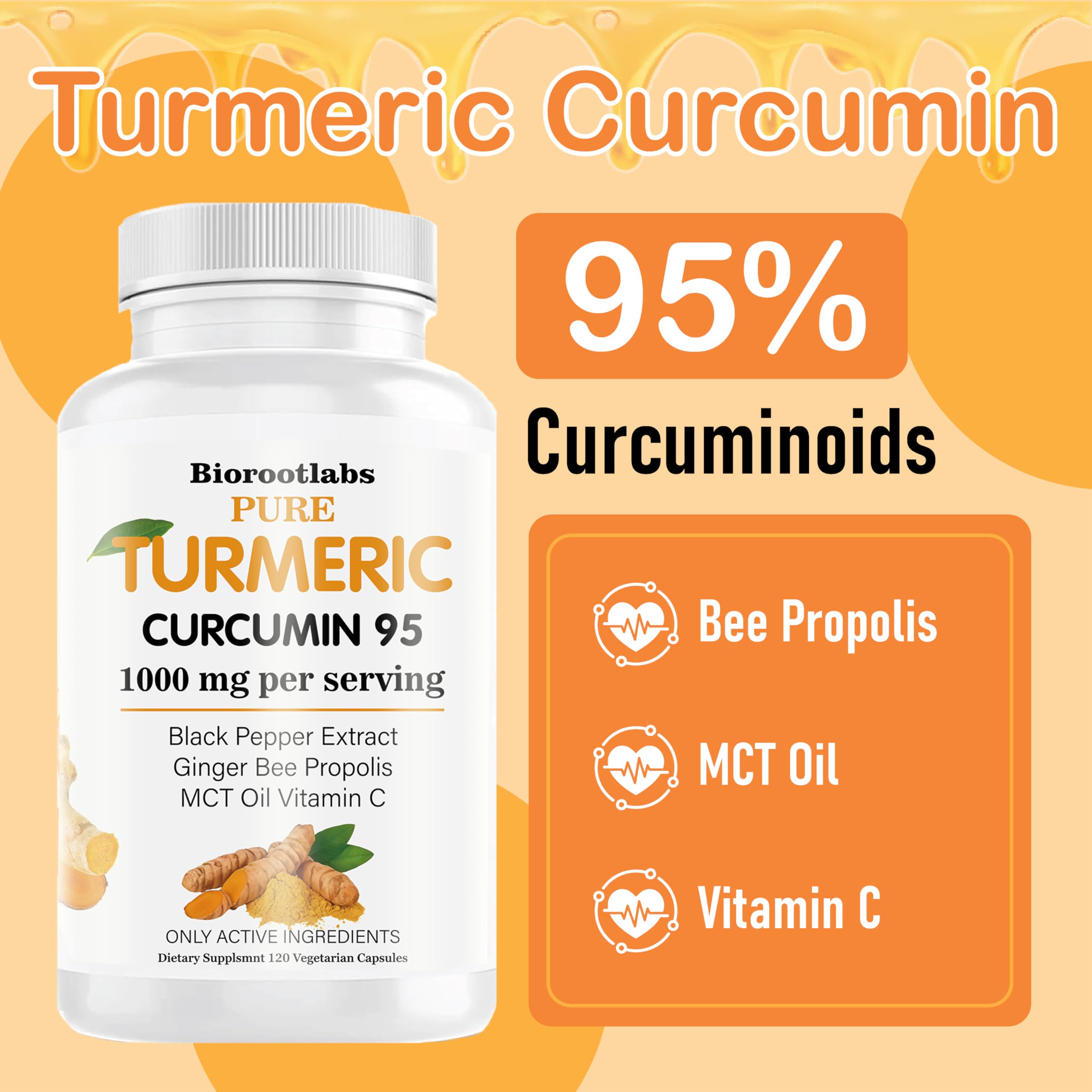 TEYAOE Biorootlabs 6-in-1 turmeric capsule supplement with ginger ingredient labels