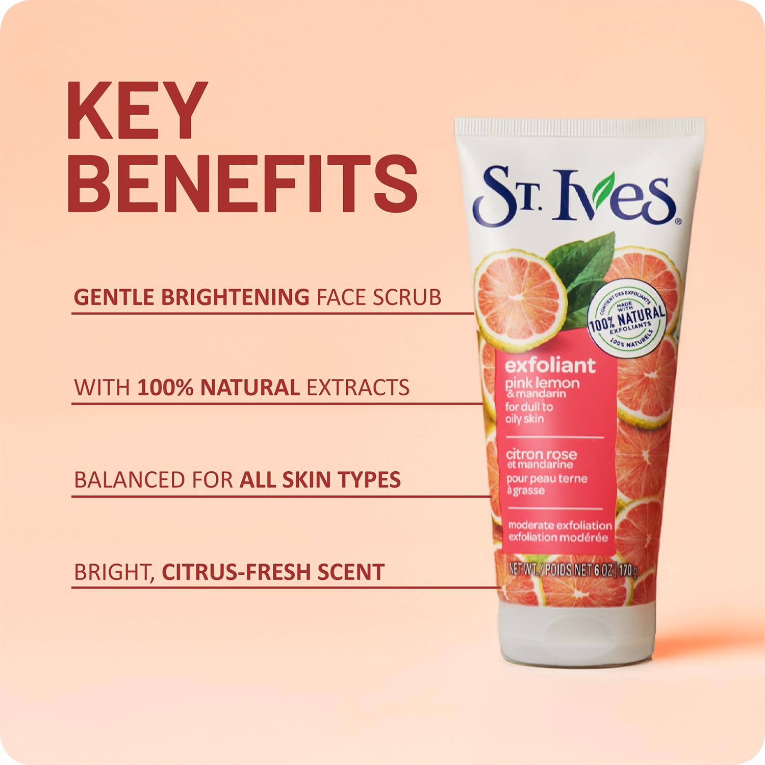 St. Ives 150 milliliters natural citrus face scrub product display.
