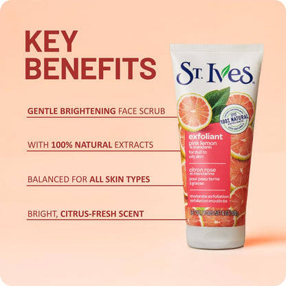 St. Ives 150 milliliters natural citrus face scrub product display.