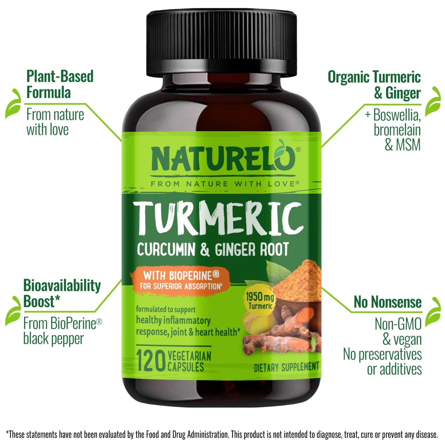 NATURELO Organic Turmeric supplement label showing premium ingredients panel.