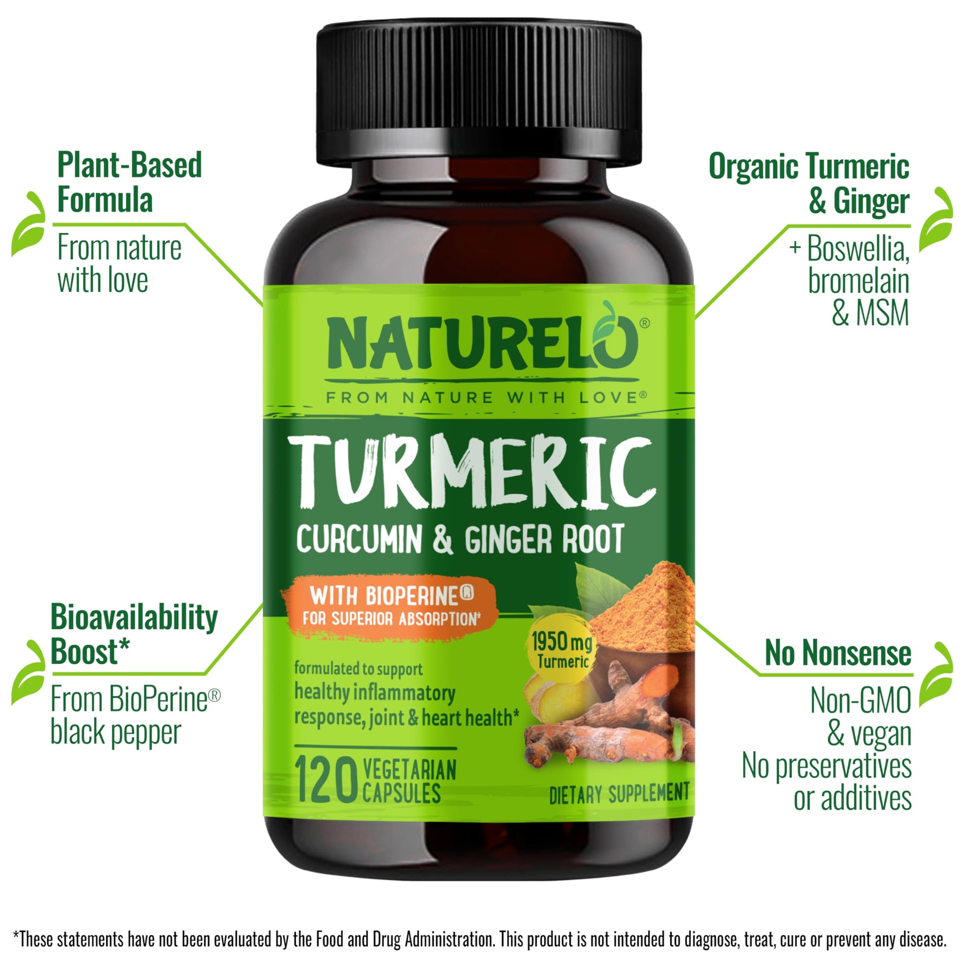 NATURELO Organic Turmeric supplement label showing premium ingredients panel.