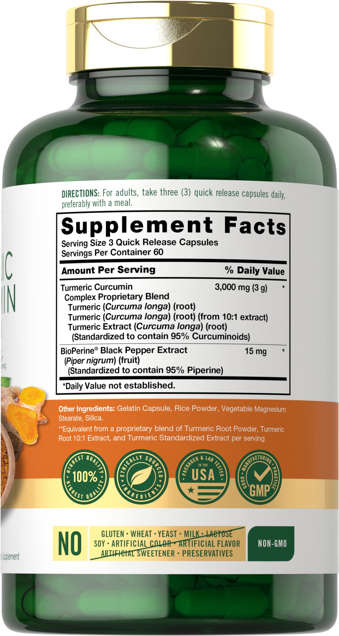 Carlyle Turmeric Curcumin with BioPerine black pepper extract supplement facts label