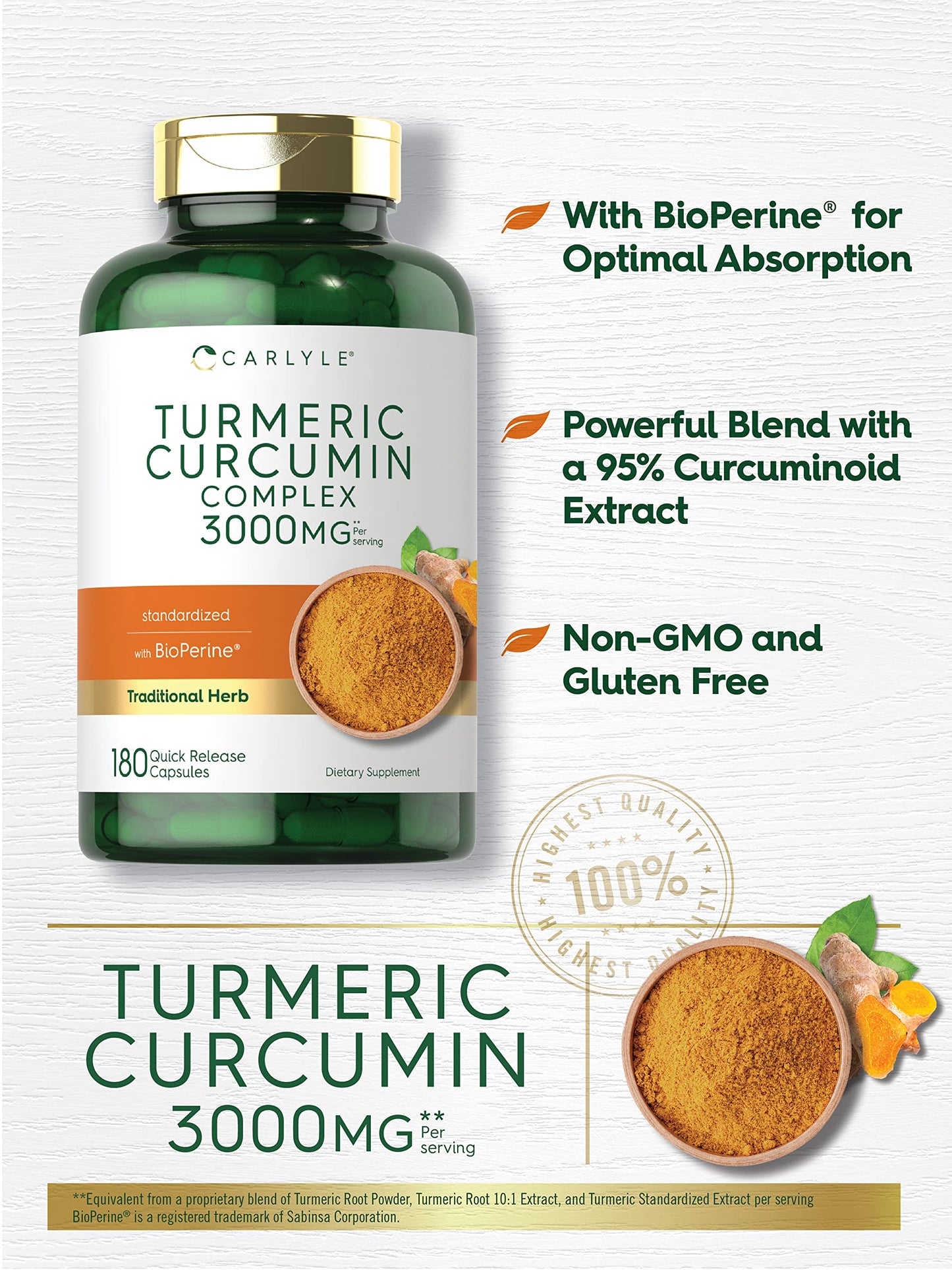 Carlyle Turmeric Curcumin non-GMO and gluten free quick release capsules