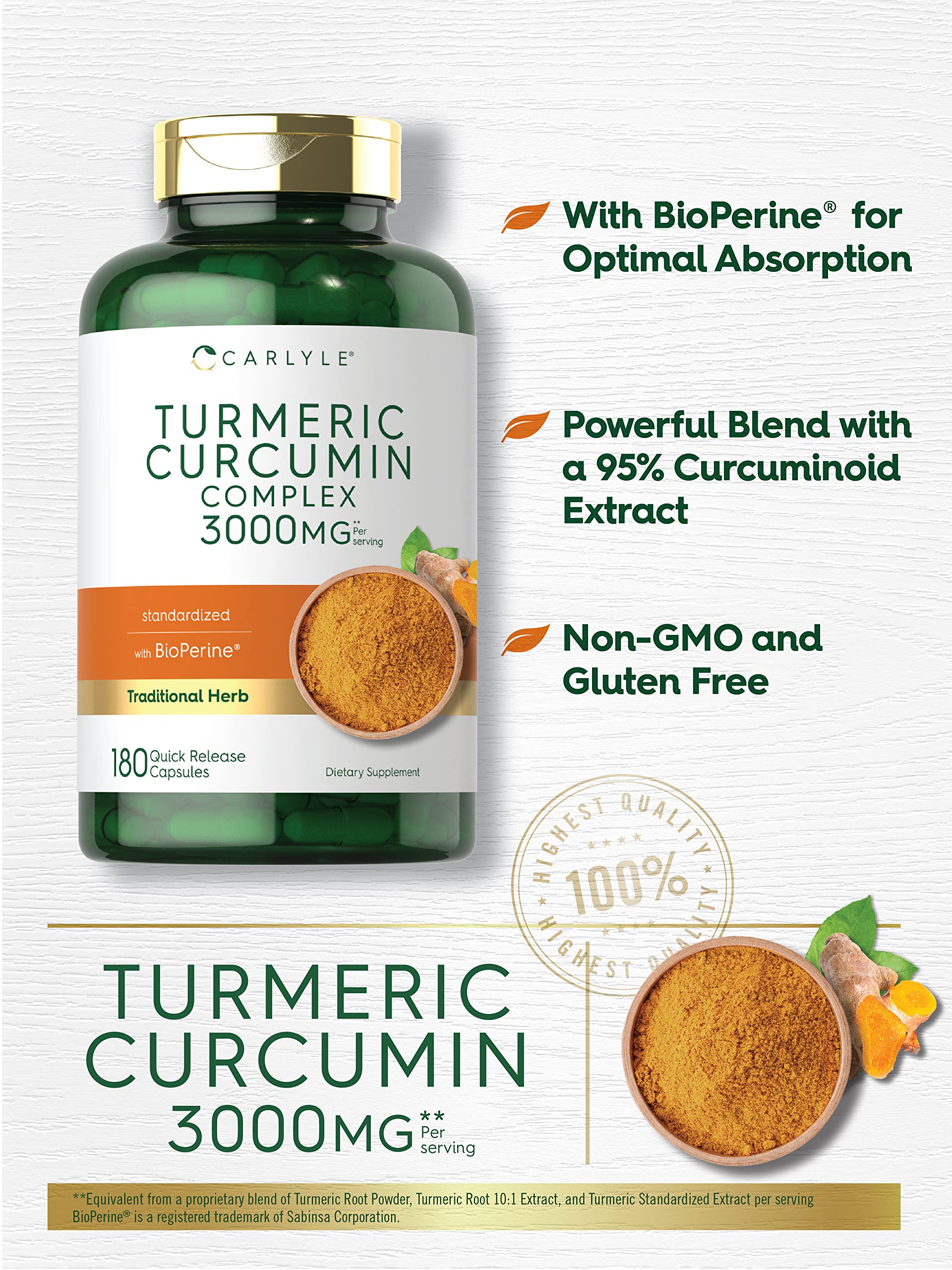 Carlyle Turmeric Curcumin non-GMO and gluten free quick release capsules
