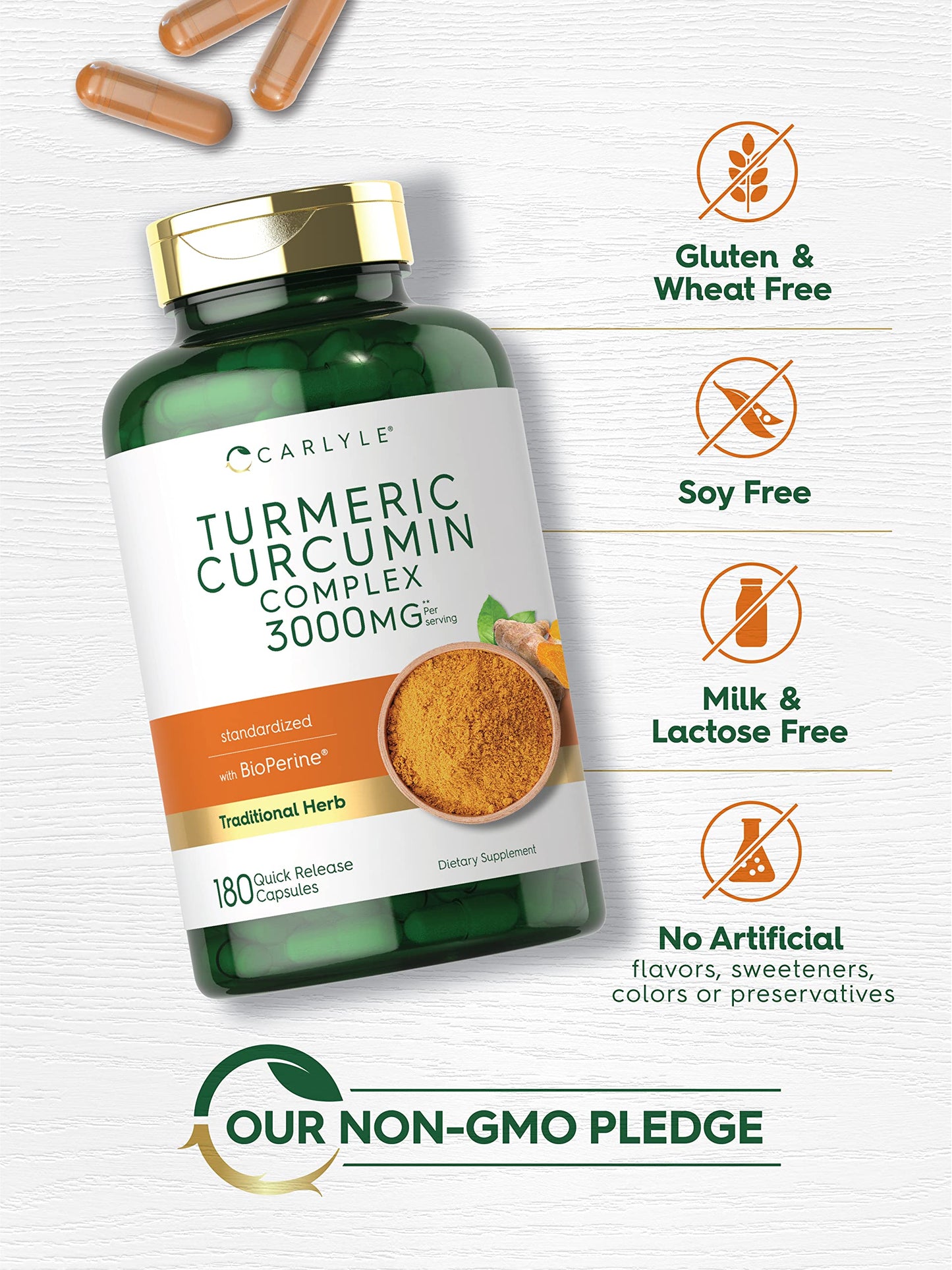 Carlyle Turmeric Curcumin 180 capsules premium proprietary blend packaging side view