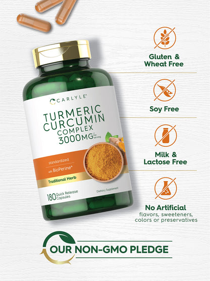Carlyle Turmeric Curcumin 180 capsules premium proprietary blend packaging side view