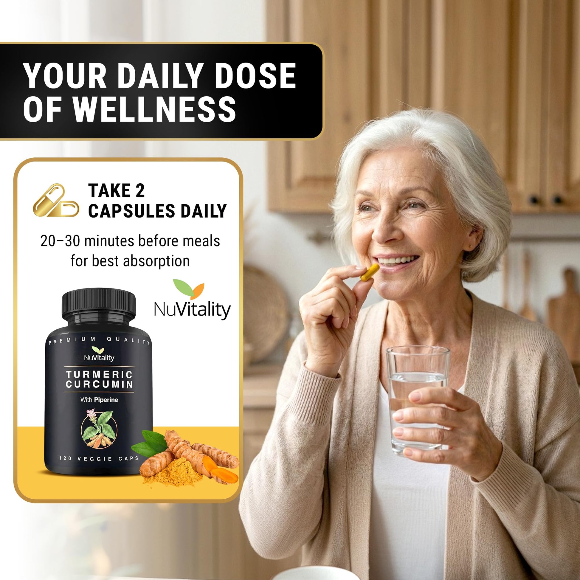 NuVitality turmeric curcumin 95 percent standardized curcuminoids bottle showcasing pure vegetarian certification