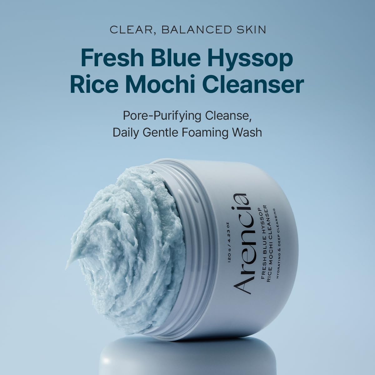 ARENCIA Fresh Blue Hyssop Rice Mochi Cleanser showing unique soft texture.