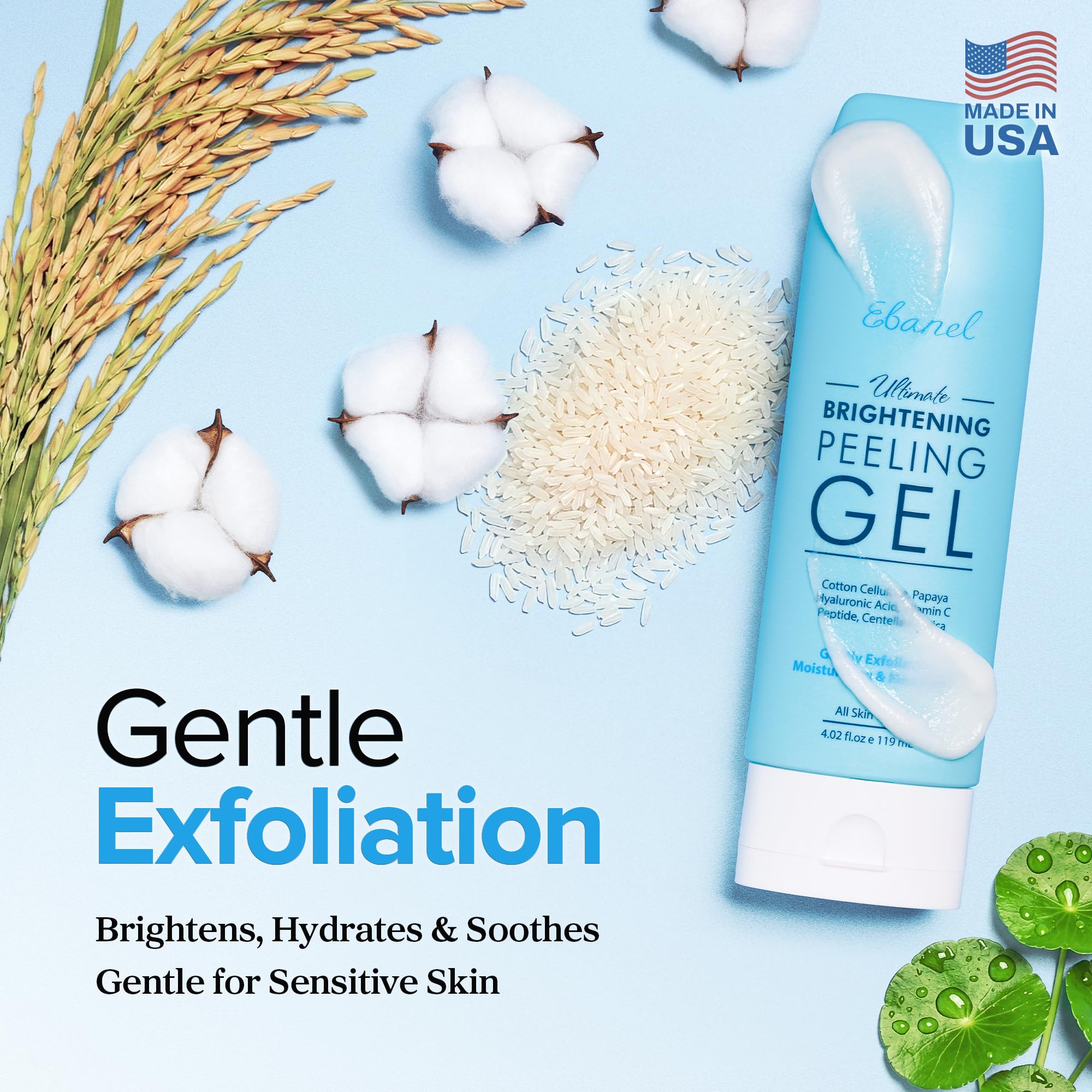 Ebanel face scrub gel packaging showing cotton cellulose and papaya extract ingredients