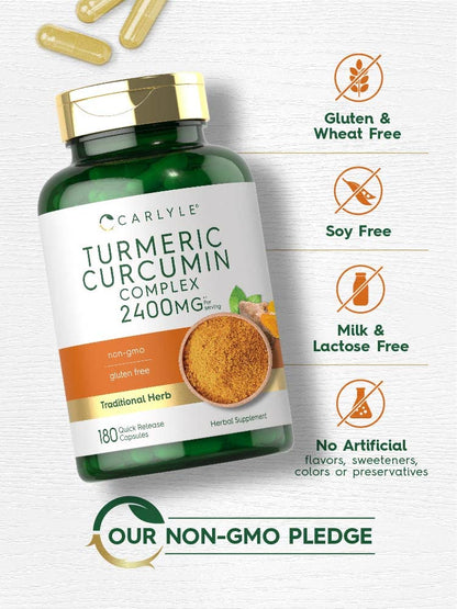 Close-up of the quick-release herbal complex capsules next to the authentic Carlyle Turmeric Curcumin bottle