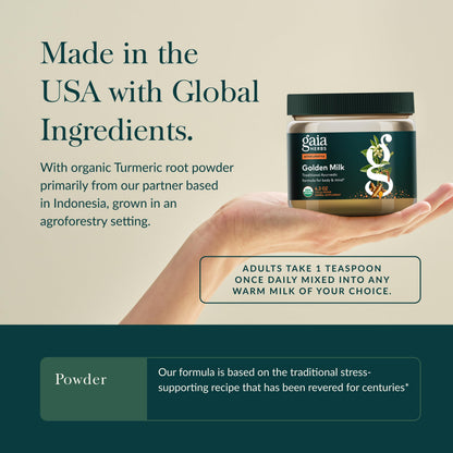 Gaia Herbs Golden Milk herbal supplement powder packaging reverse side details
