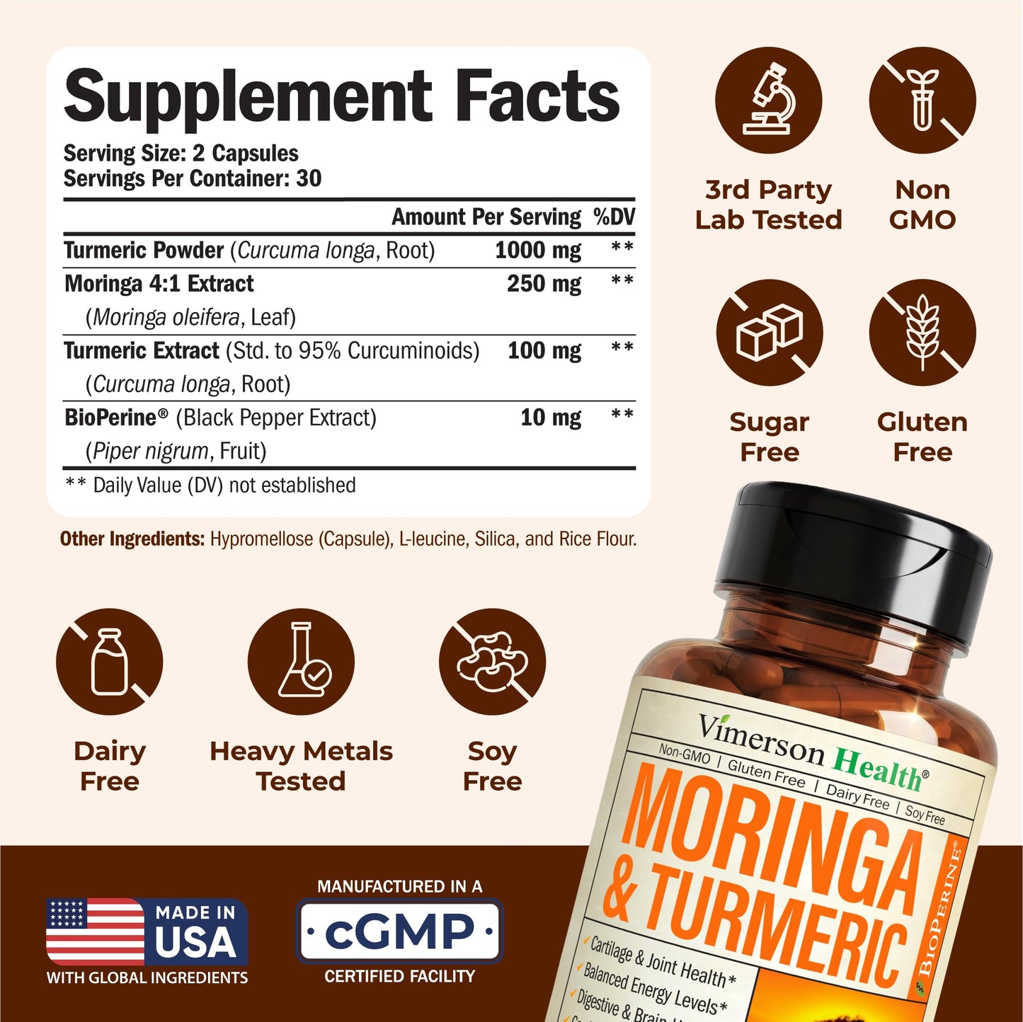Vimerson Health USA imported wellness supplement highlighting the non GMO and gluten free verification labels.