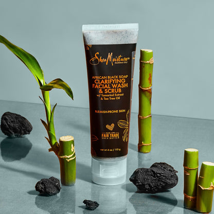 Skincare routine setup featuring SheaMoisture clarifying blemish wash product