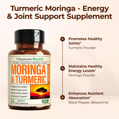 Close up view of the back label instructions for Vimerson Health Turmeric and Moringa herbal capsules.