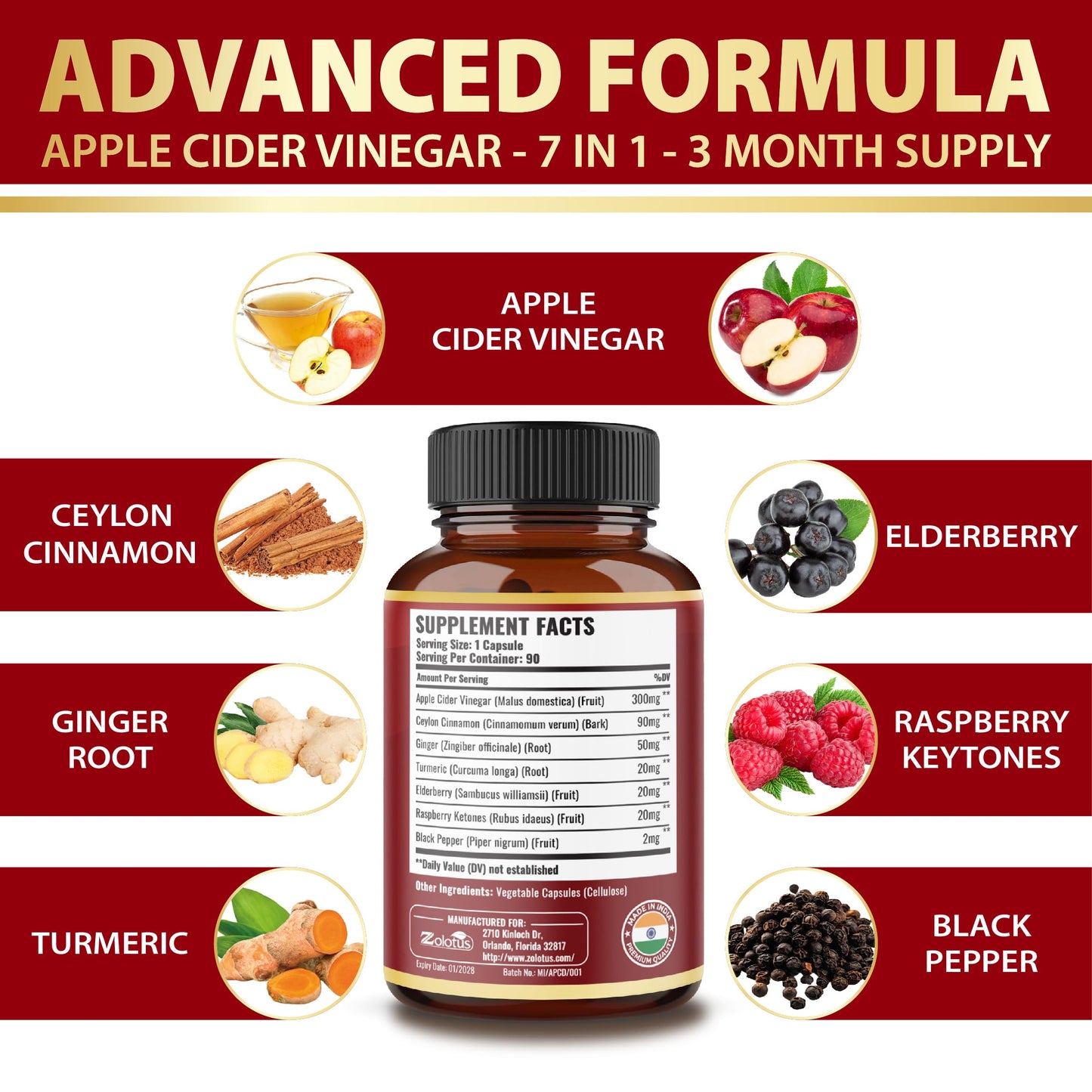 Zolotus 7 in 1 apple cider vinegar ninety vegan capsules three month supply