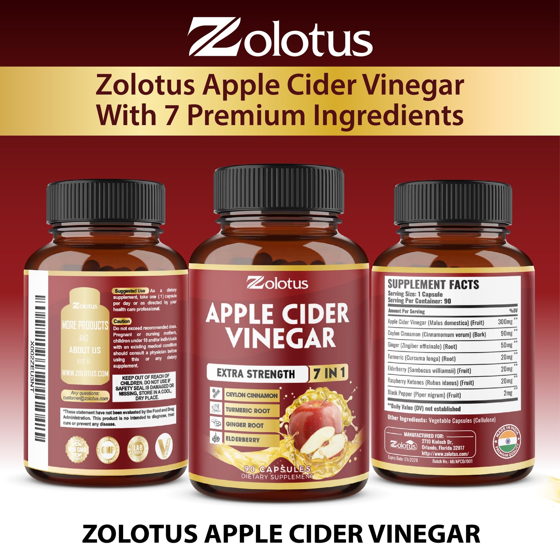 Zolotus authentic USA imported apple cider vinegar dietary supplement packaging