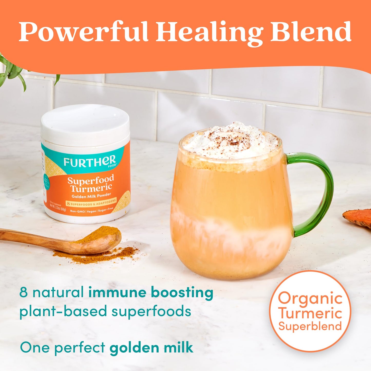 Further Food Organic Turmeric Powder mixed into a warm healthy latte