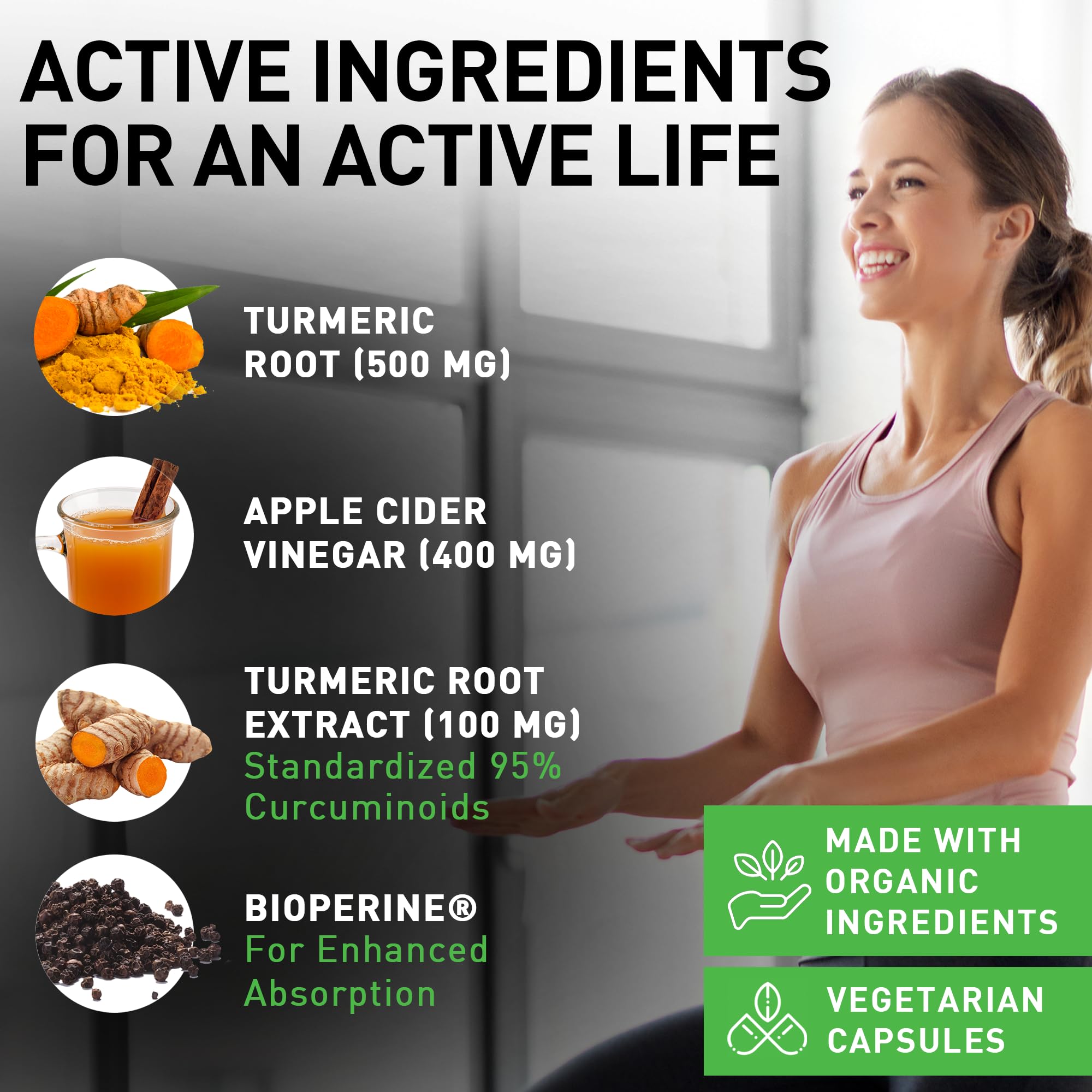 Side view of Pius Nature turmeric ginger and ACV supplement label showing clean organic ingredients and supplement facts.