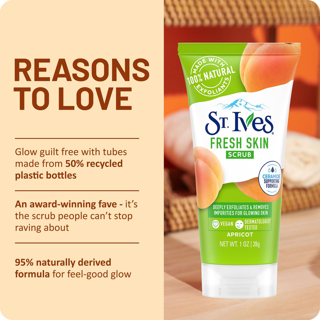 St. Ives Fresh Skin apricot scrub lifestyle flat lay
