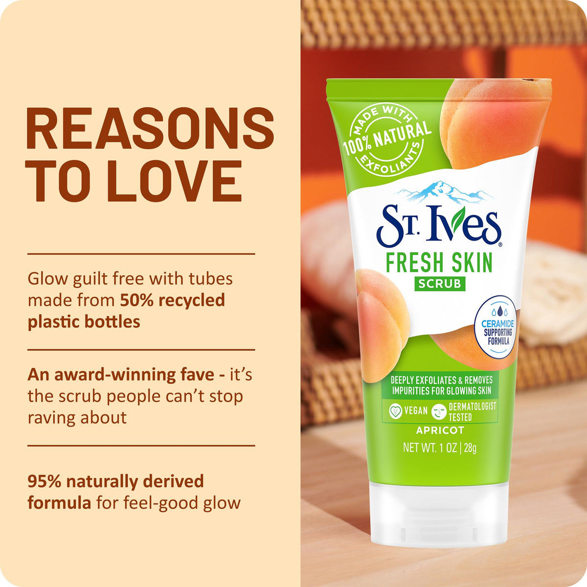 St. Ives Fresh Skin apricot scrub lifestyle flat lay