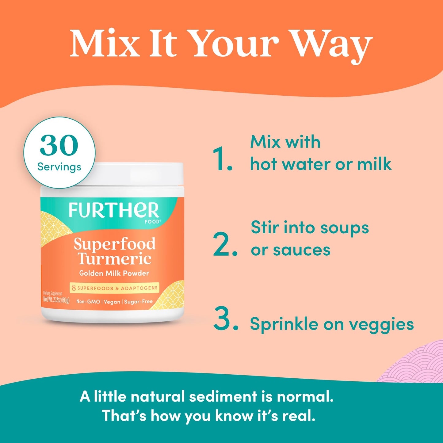 Further Food Superfood Turmeric mix container side profile showing weight details