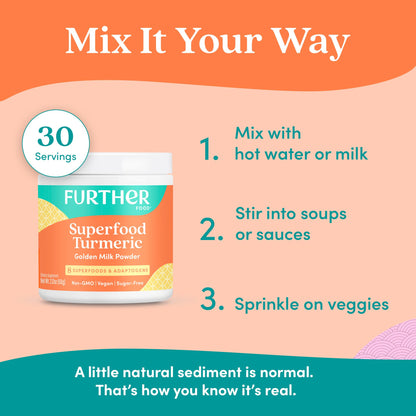 Further Food Superfood Turmeric mix container side profile showing weight details