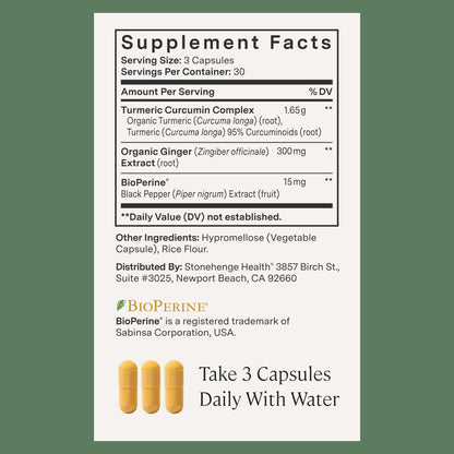 Authentic imported Stonehenge Health Dynamic Turmeric premium dietary supplement bottle sitting on a clean surface