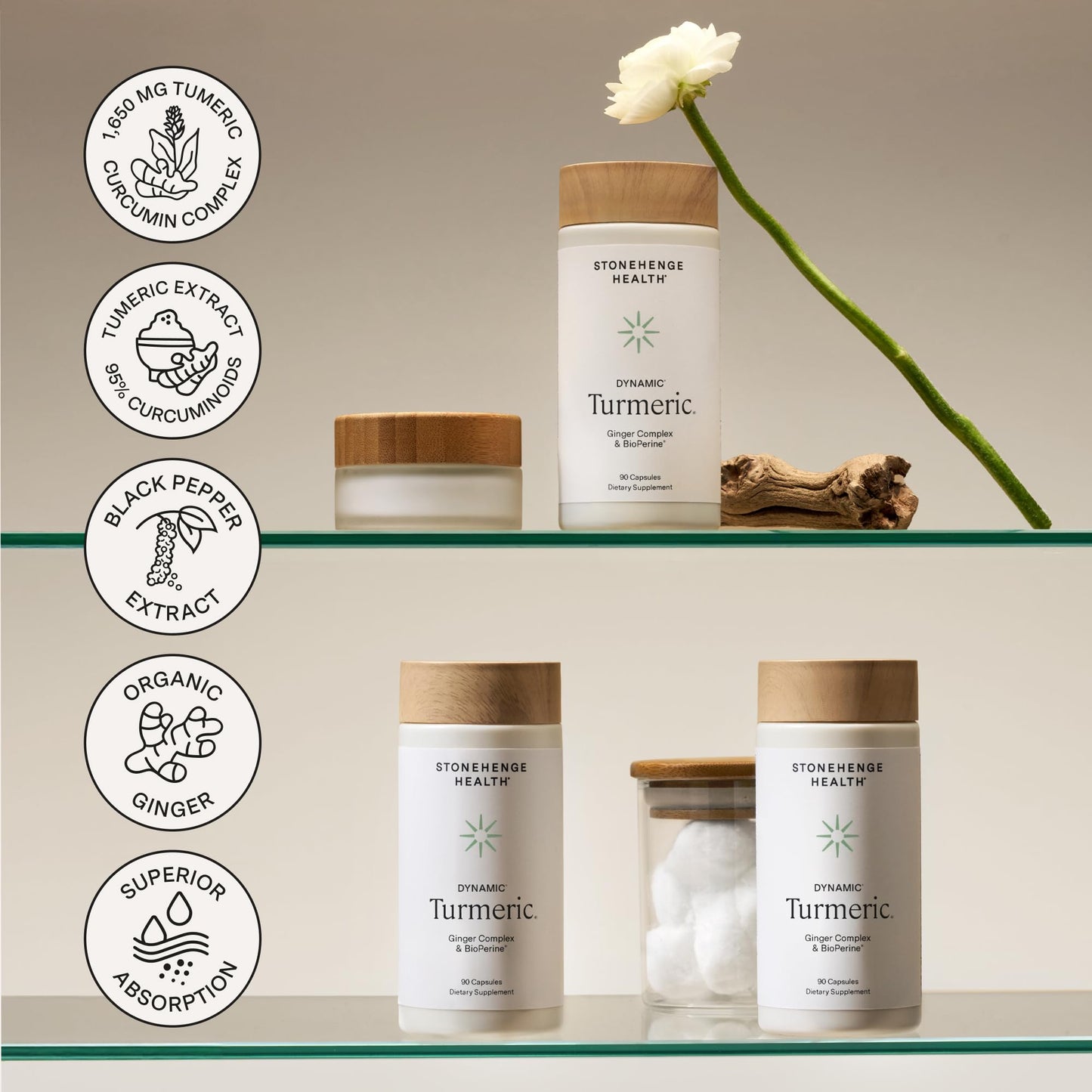 Back packaging of Stonehenge Health Dynamic Turmeric displaying non GMO and gluten free certifications