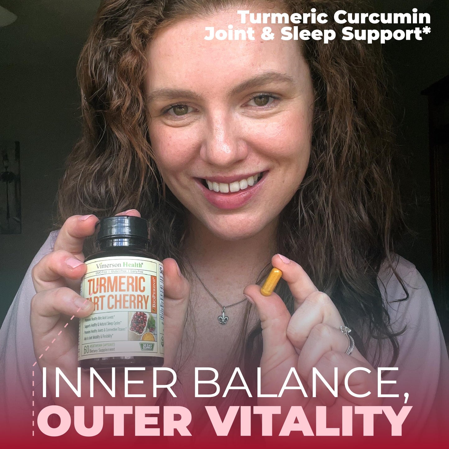 Authentic USA imported Vimerson Health turmeric curcumin and tart cherry dietary supplement product display.