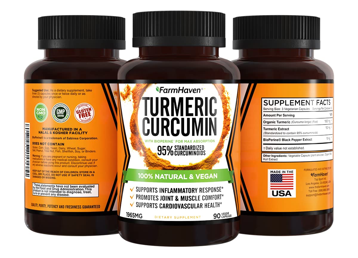 FarmHaven Turmeric Curcumin supplement bottle displaying the 1965mg dosage and BioPerine absorption icon.