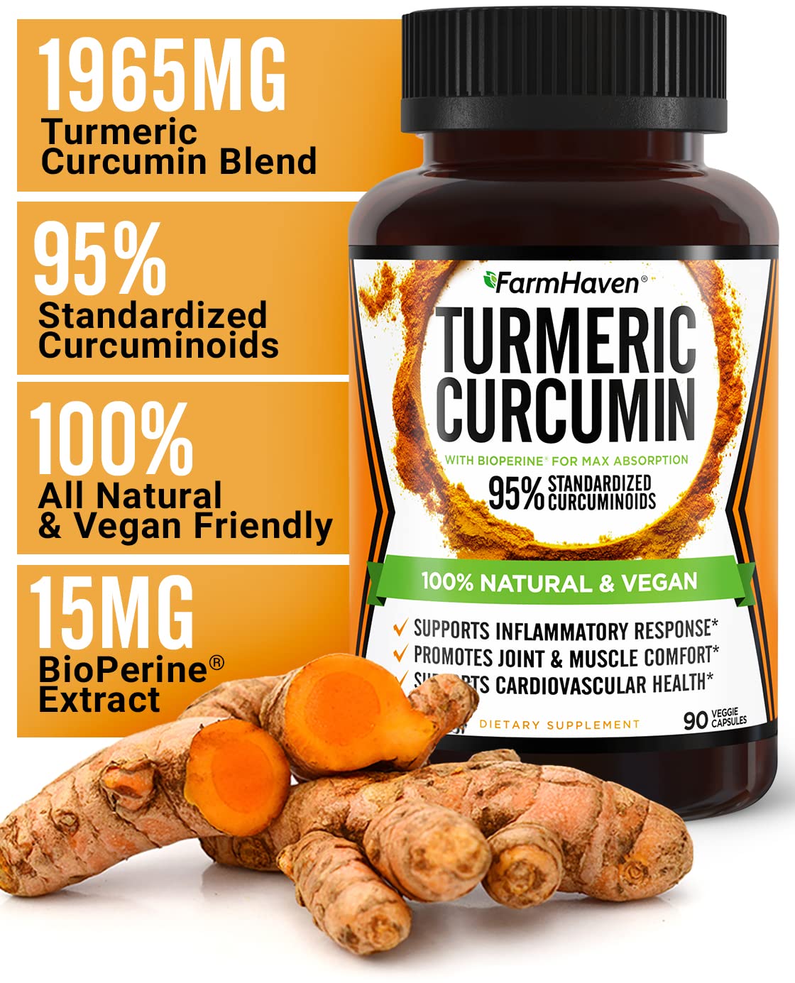 Side angle of FarmHaven black pepper and turmeric capsules container highlighting the certified vegan and non-GMO labels.