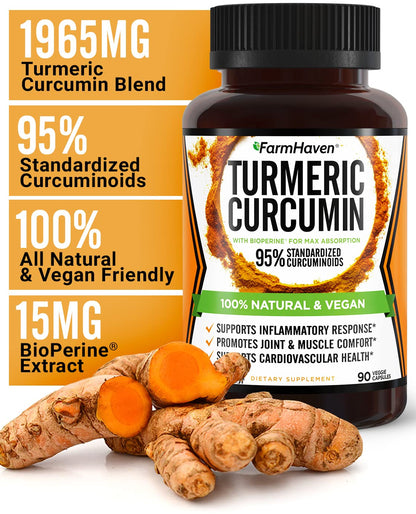 Side angle of FarmHaven black pepper and turmeric capsules container highlighting the certified vegan and non-GMO labels.