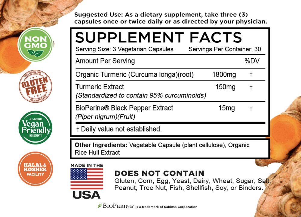 FarmHaven Turmeric Curcumin container standing upright showcasing the full USA manufactured certification print.