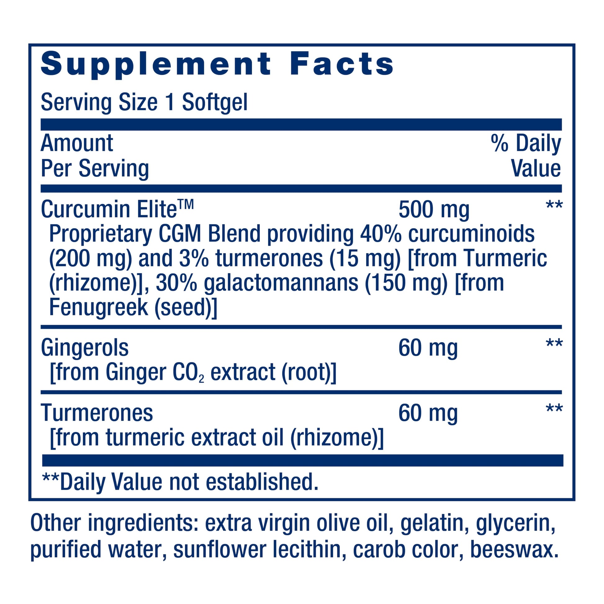 Life Extension Turmeric Extract with Ginger and Turmerones nutritional information label
