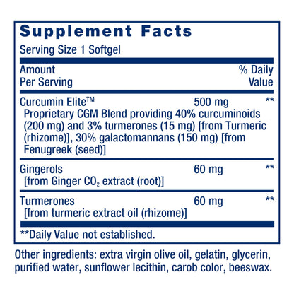 Life Extension Turmeric Extract with Ginger and Turmerones nutritional information label