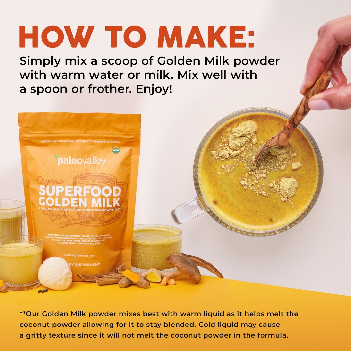 Paleovalley Golden Milk dietary supplement bag showcasing 30 servings text