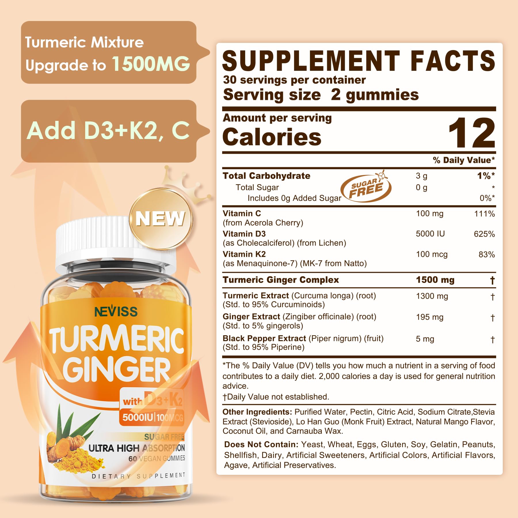 Neviss Turmeric Ginger sixty count bottle displaying sugar free vegan dietary supplement facts.
