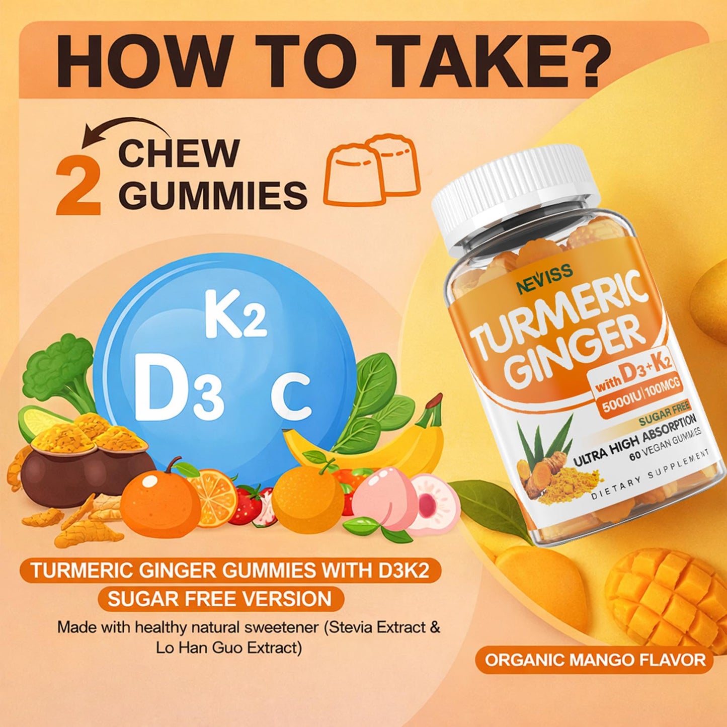 Neviss wellness formula gummies for adults highlighting bone immune and joint health support features.