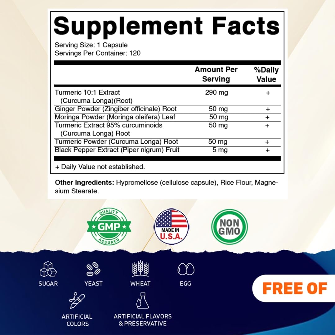Vitamatic Turmeric Curcumin 120 vegetarian capsules supplement facts and premium plant-based ingredients panel