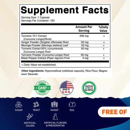 Vitamatic Turmeric Curcumin 120 vegetarian capsules supplement facts and premium plant-based ingredients panel