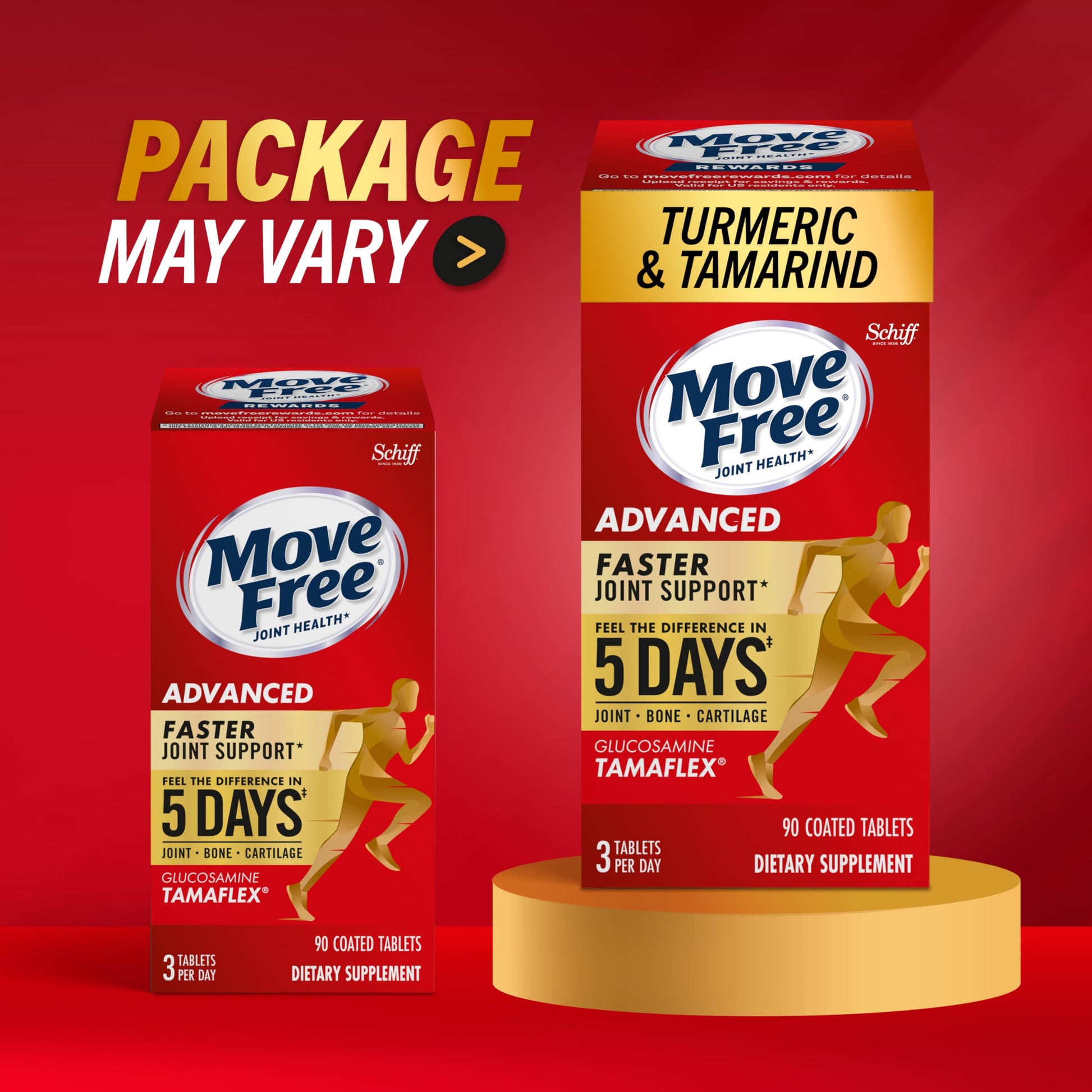 Authentic USA imported Move Free ninety coated tablets bottle side display showing ingredient highlights