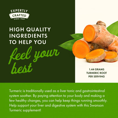 Back label of Swanson Turmeric 720 Milligrams showing warnings and directions for digestive and liver health usage
