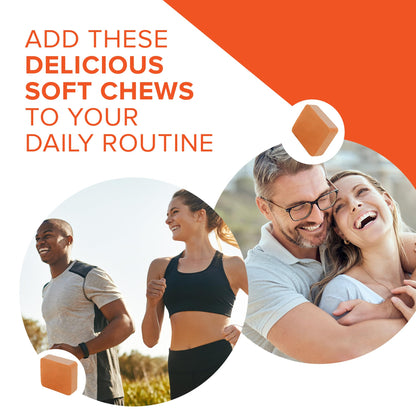 Individually wrapped Qunol tropical fruit flavored turmeric and ginger dietary chews.