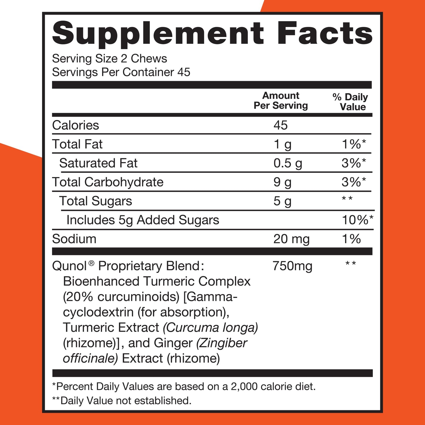 Supplement facts and ingredients label on the back of Qunol Turmeric Ginger 90 count package.