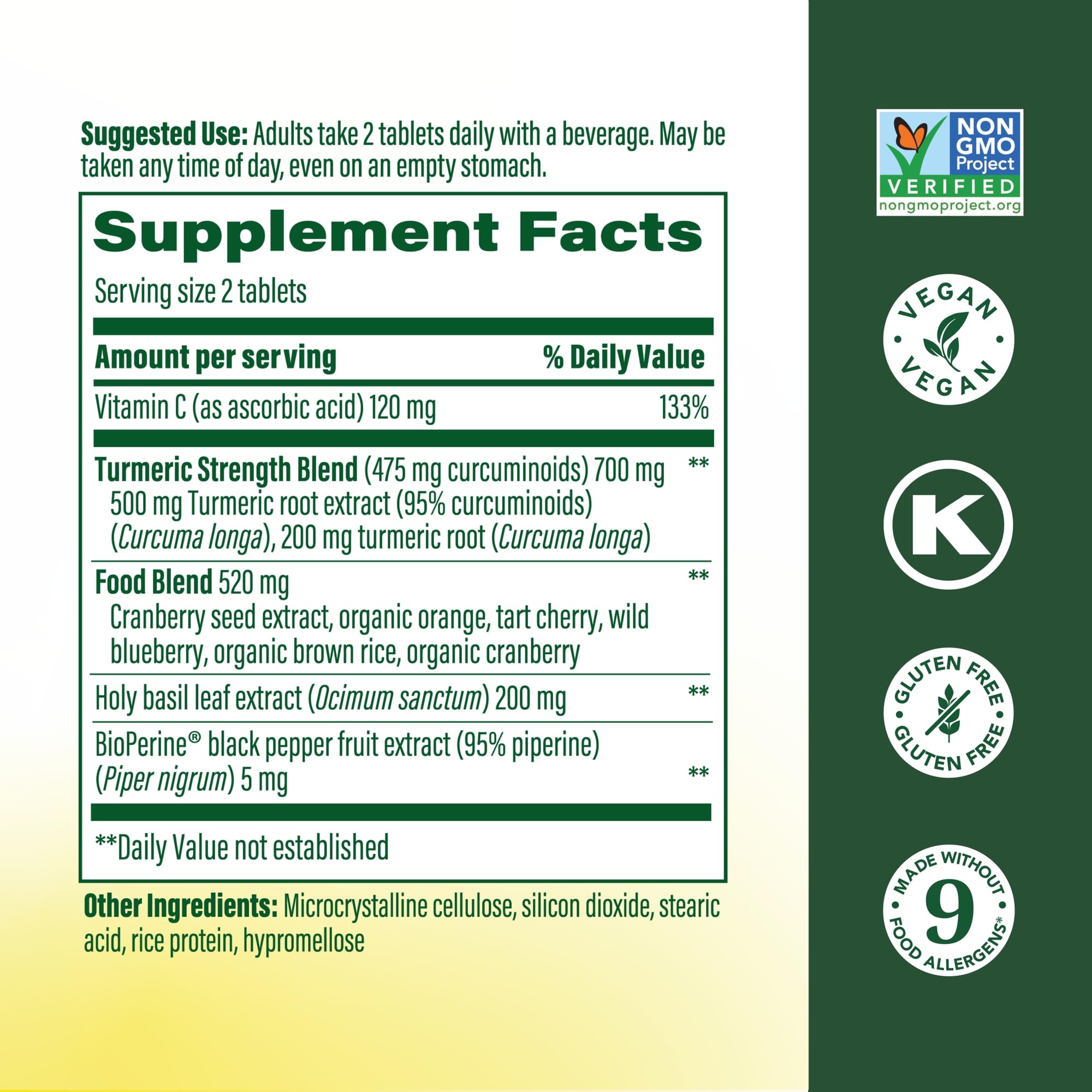 MegaFood Turmeric Strength supplement bottle displaying nutritional facts and 475 milligrams curcuminoids serving info.