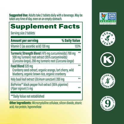 MegaFood Turmeric Strength supplement bottle displaying nutritional facts and 475 milligrams curcuminoids serving info.