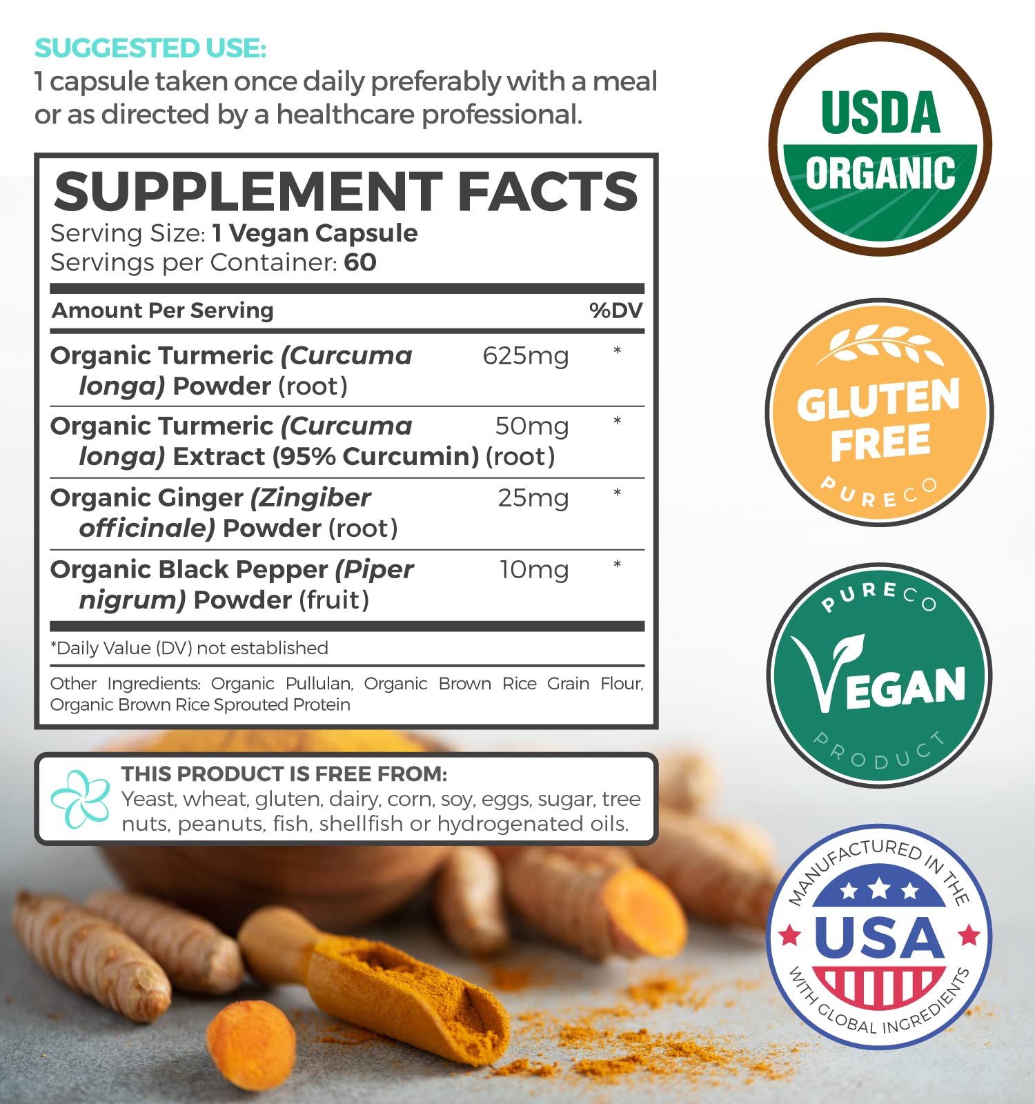 Pure Co imported organic turmeric joint support supplement bottle side view showing premium health benefits.