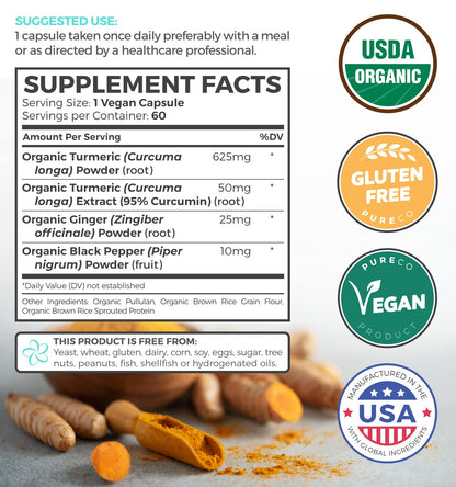 Pure Co imported organic turmeric joint support supplement bottle side view showing premium health benefits.