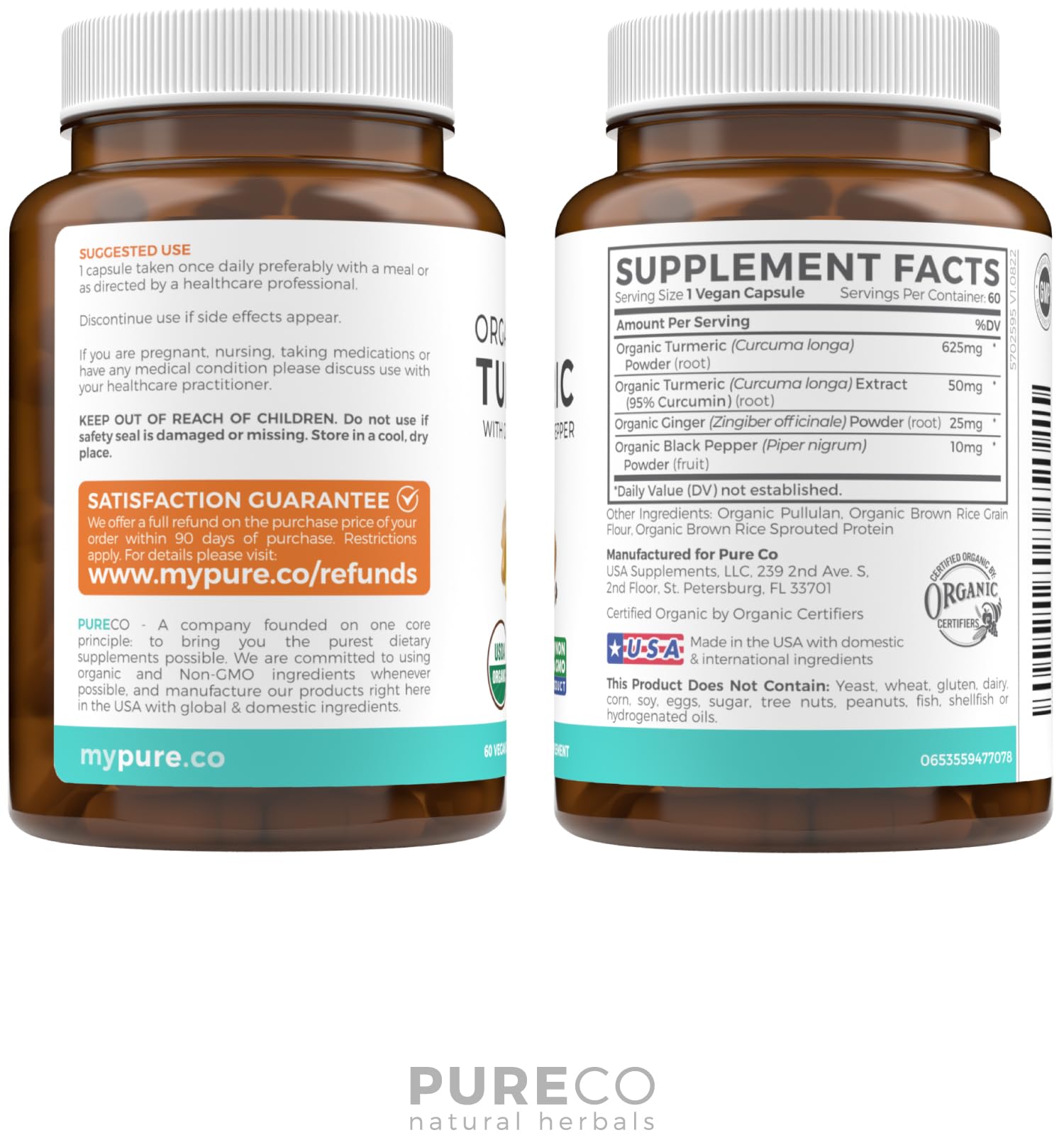 Pure Co authentic USA imported turmeric curcumin and ginger sixty vegan capsules wellness product.