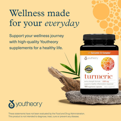 Full layout of the USA imported Youtheory Turmeric 180 capsules bottle focusing on authentic e-commerce product presentation.